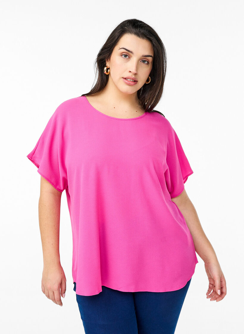 Bluse mit kurzen &Auml;rmeln und einem Rundhalsausschnitt, Rot, Model image number 0