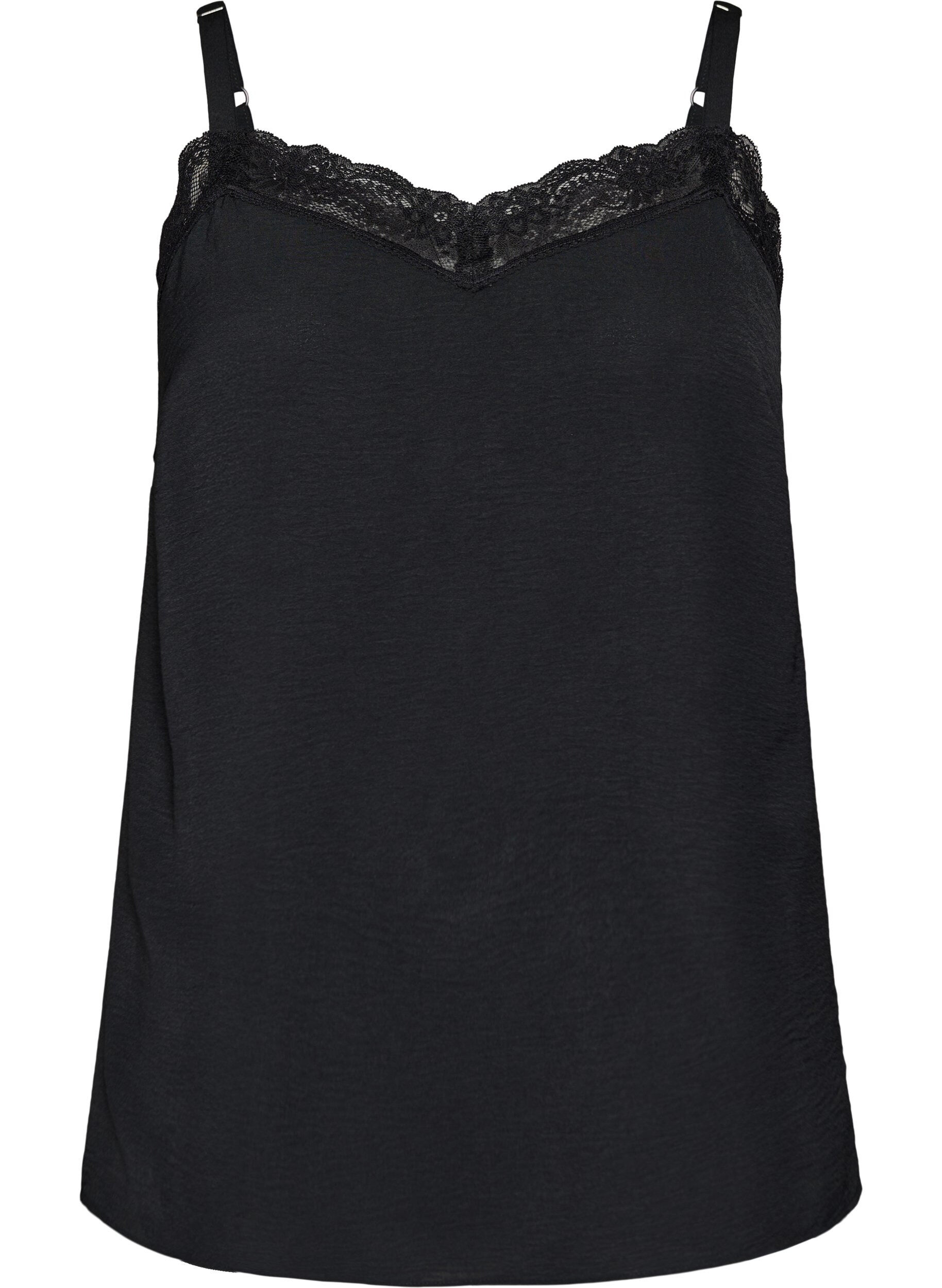 Zizzi Cami-Top mit V-Ausschnitt und Spitzen, Schwarz, Packshot image number 0