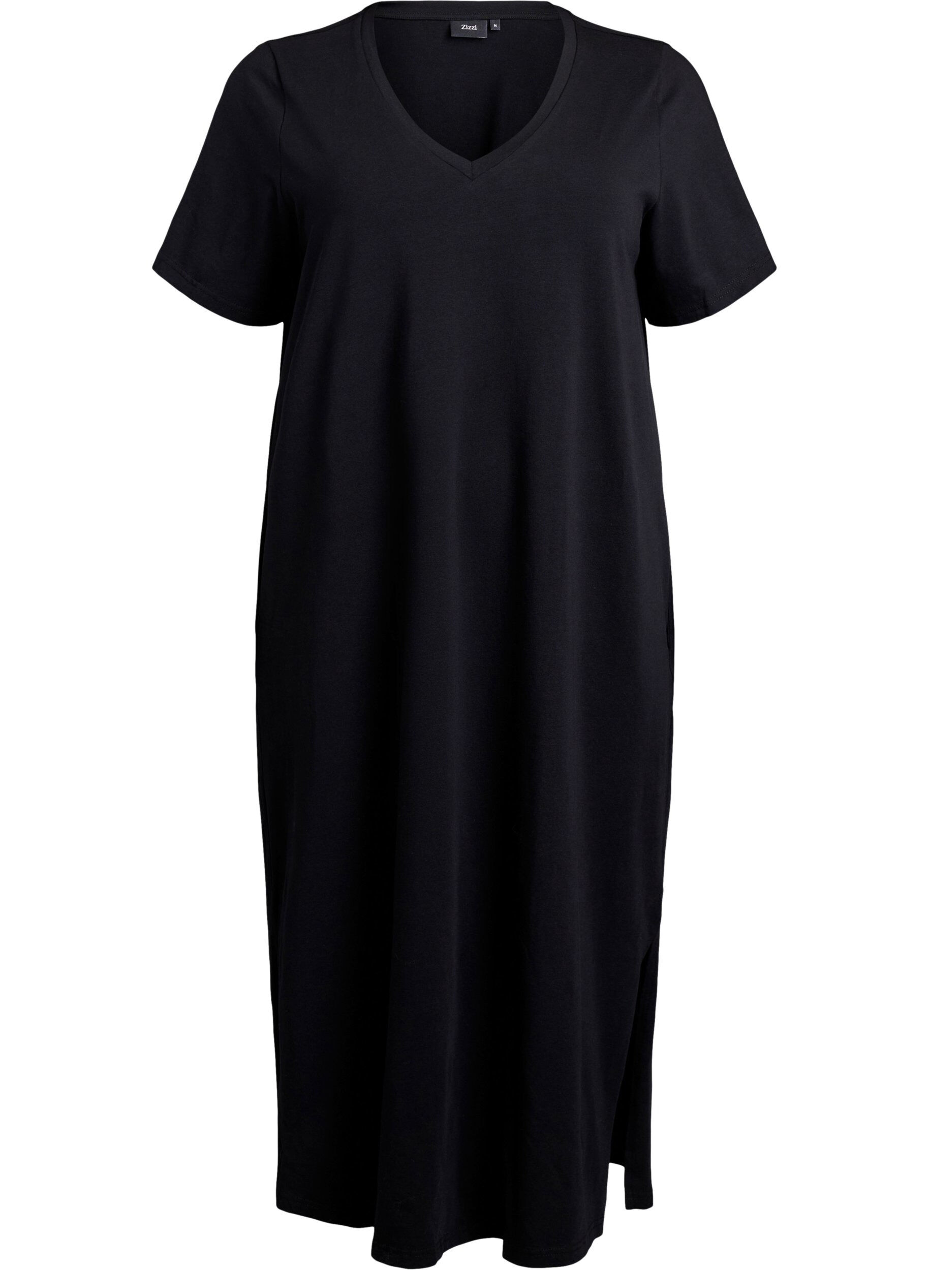 Zizzi Midi-T-Shirtkleid mit V-Ausschnitt., Schwarz, Packshot image number 0