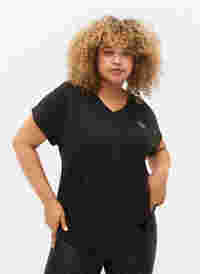 Kurzarm Trainingsshirt mit V-Ausschnitt, Black, Model