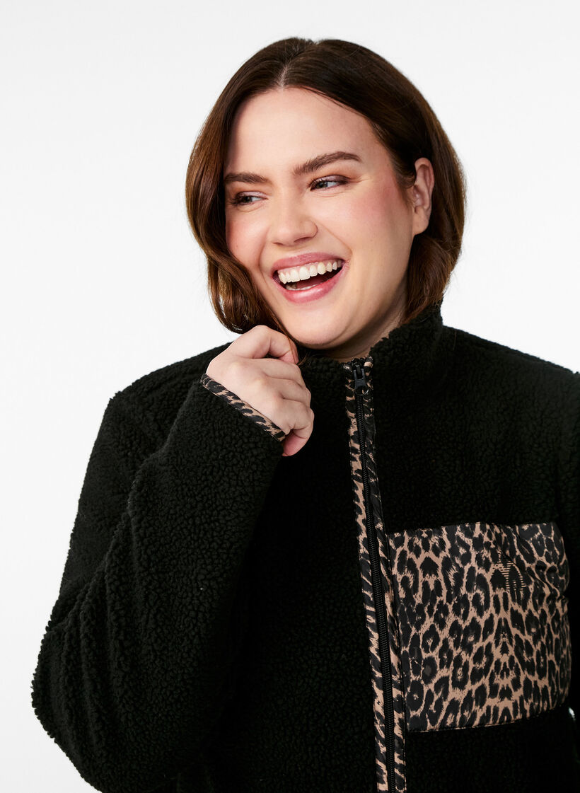 Teddyfell-Jacke mit Leopardenmuster, Schwarz, Model image number 3