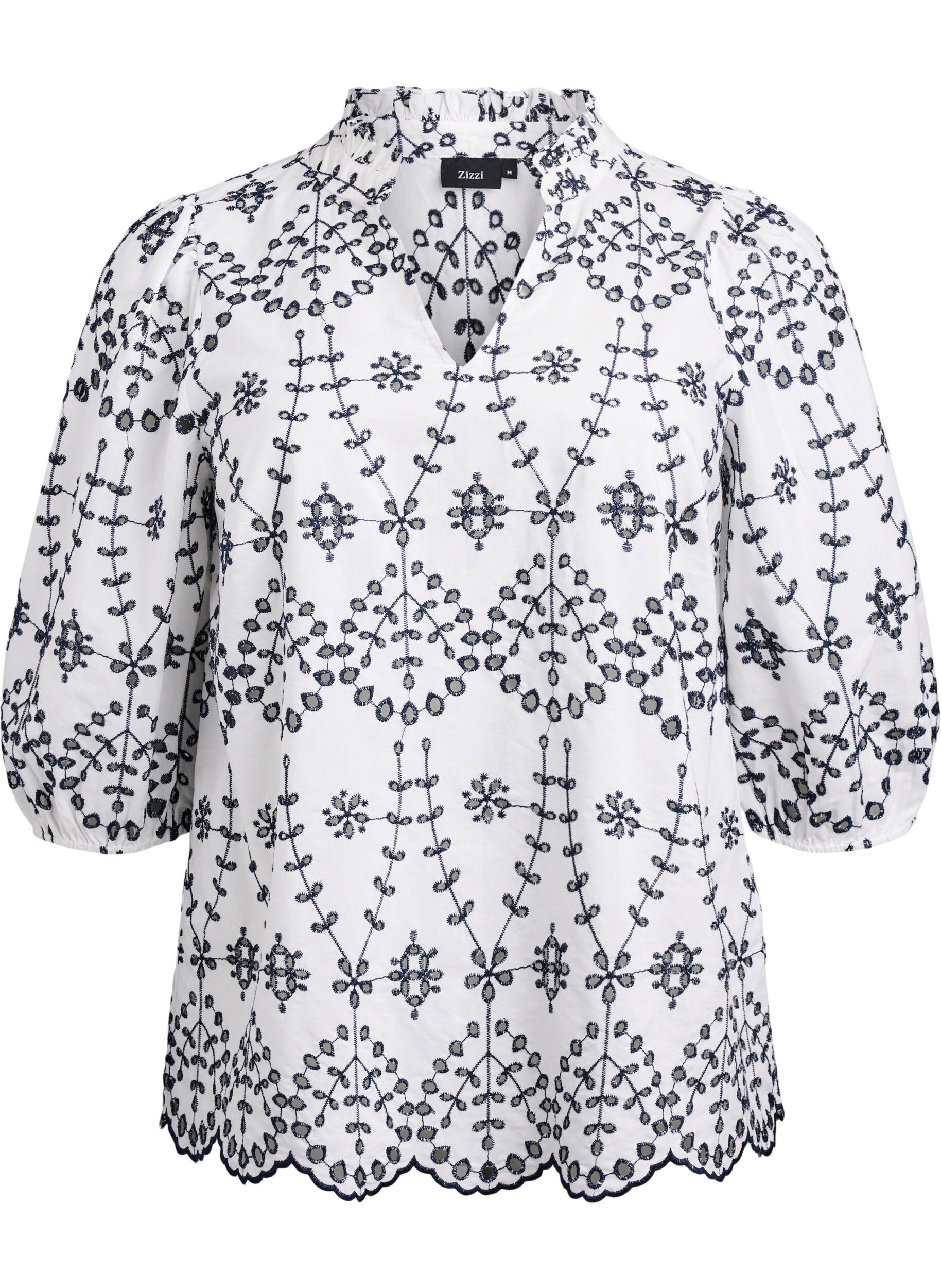 Zizzi Bluse mit 3/4-&Auml;rmeln und kontrastierender Broderie Anglaise, Wei&szlig;, Packshot image number 0