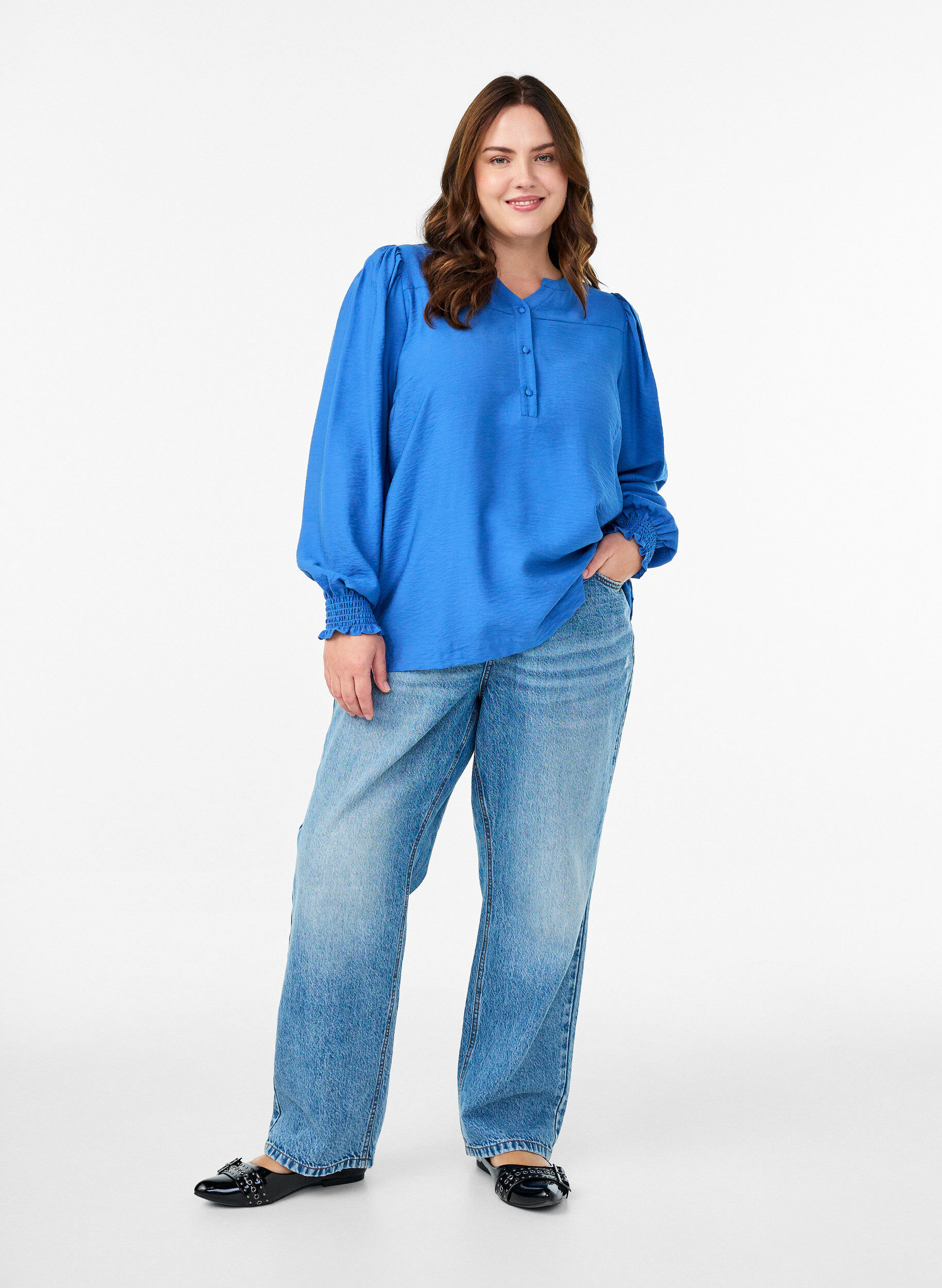 ZizziViskose-Bluse mit Puff&auml;rmeln und gerafften Details, Blau, Model image number 1