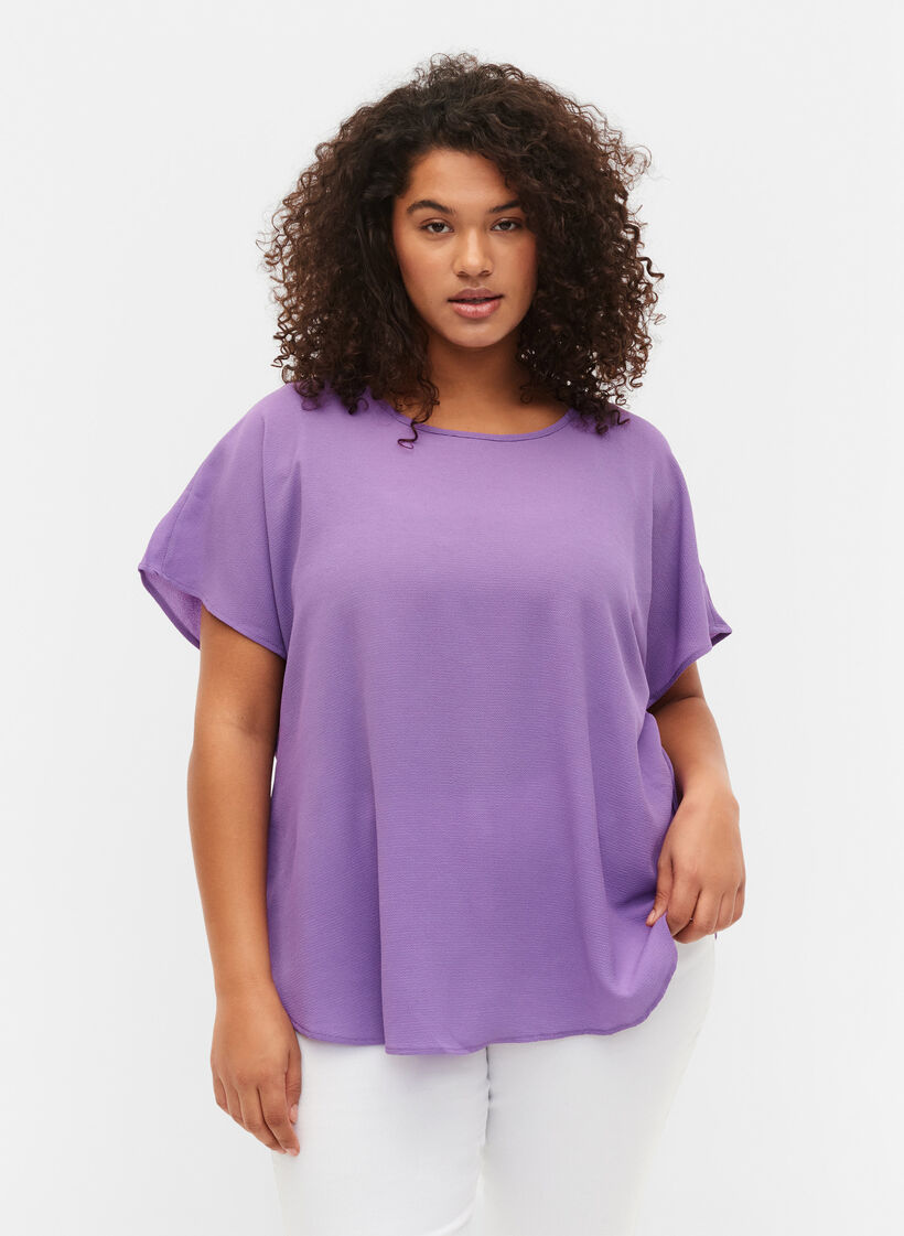 Bluse mit kurzen Ärmeln und Rundhalsausschnitt, Lila, Model image number 0