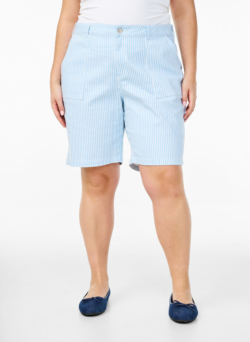 Bermuda-Shorts mit hohem Bund und Streifenmuster, Blau, Model image number 3