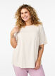 Kurz&auml;rmelige, gewebte Bluse mit Rundhals, Beige, Model image number 0