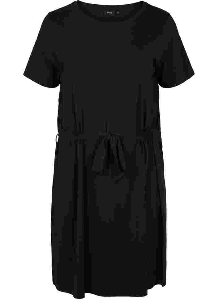 Kurzarm Kleid mit Taillengürtel, Black, Packshot image number 0