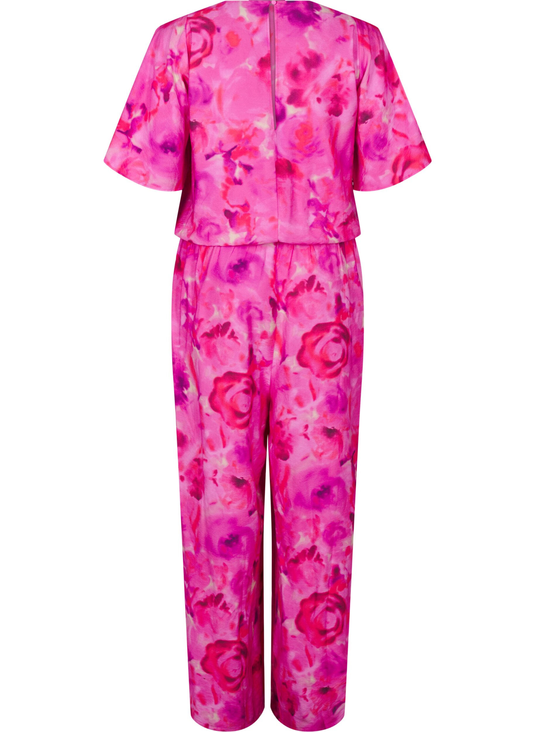 Zizzi Gebl&uuml;mter Jumpsuit mit Fledermaus&auml;rmeln, Pink Rose AOP, Packshot image number 1