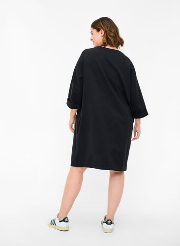 Sweatkleid aus Baumwolle mit 3/4-Ärmeln und Taschen, Black, Model image number 1