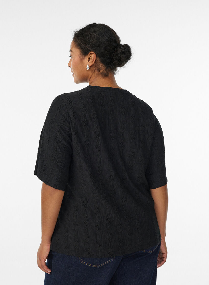 Bluse mit Strukturmuster und kurzen Ärmeln, Schwarz, Model image number 2