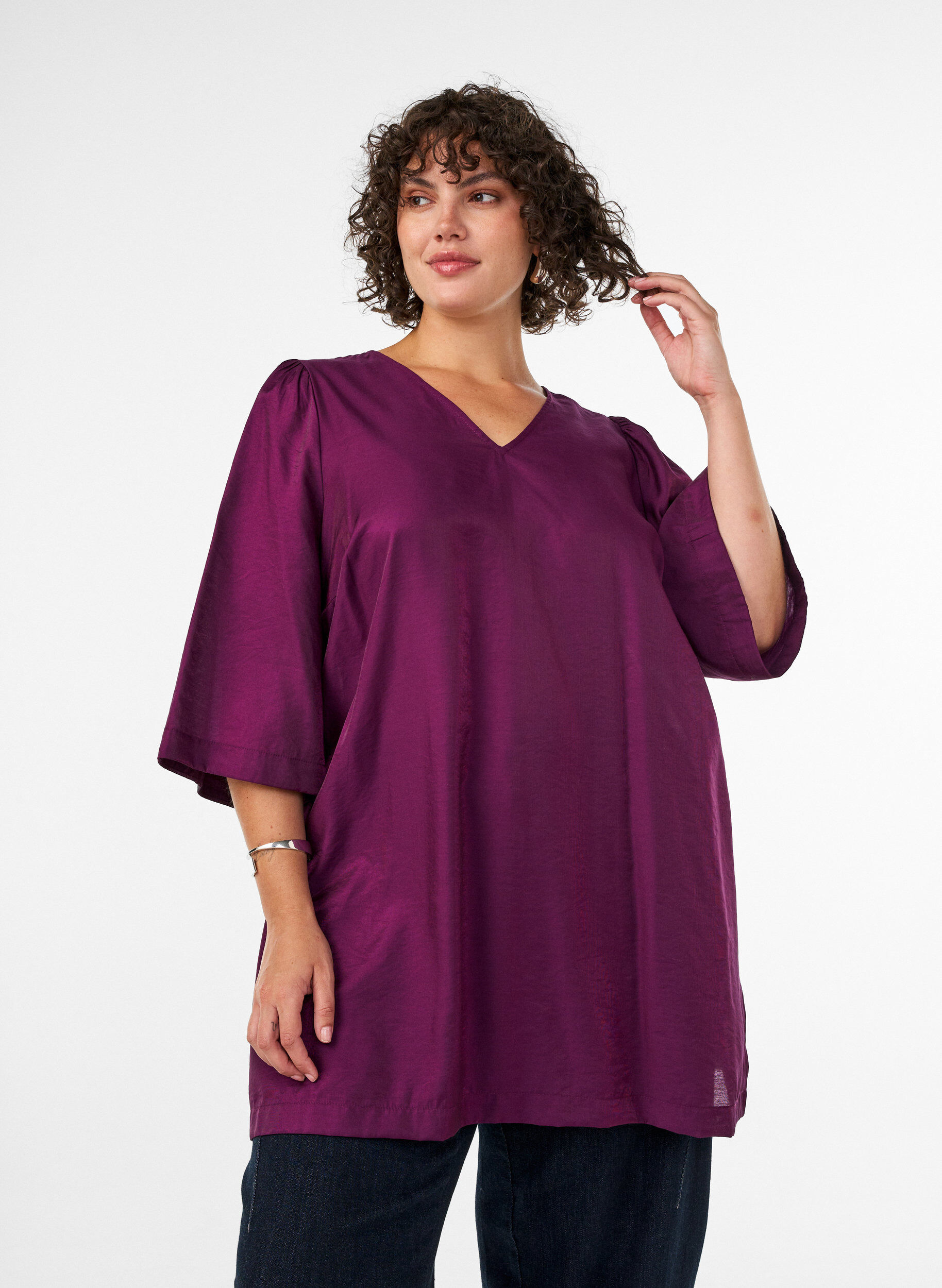 ZizziGl&auml;nzende Tunika mit V-Ausschnitt und 3/4-&Auml;rmeln, Lila, Model image number 0