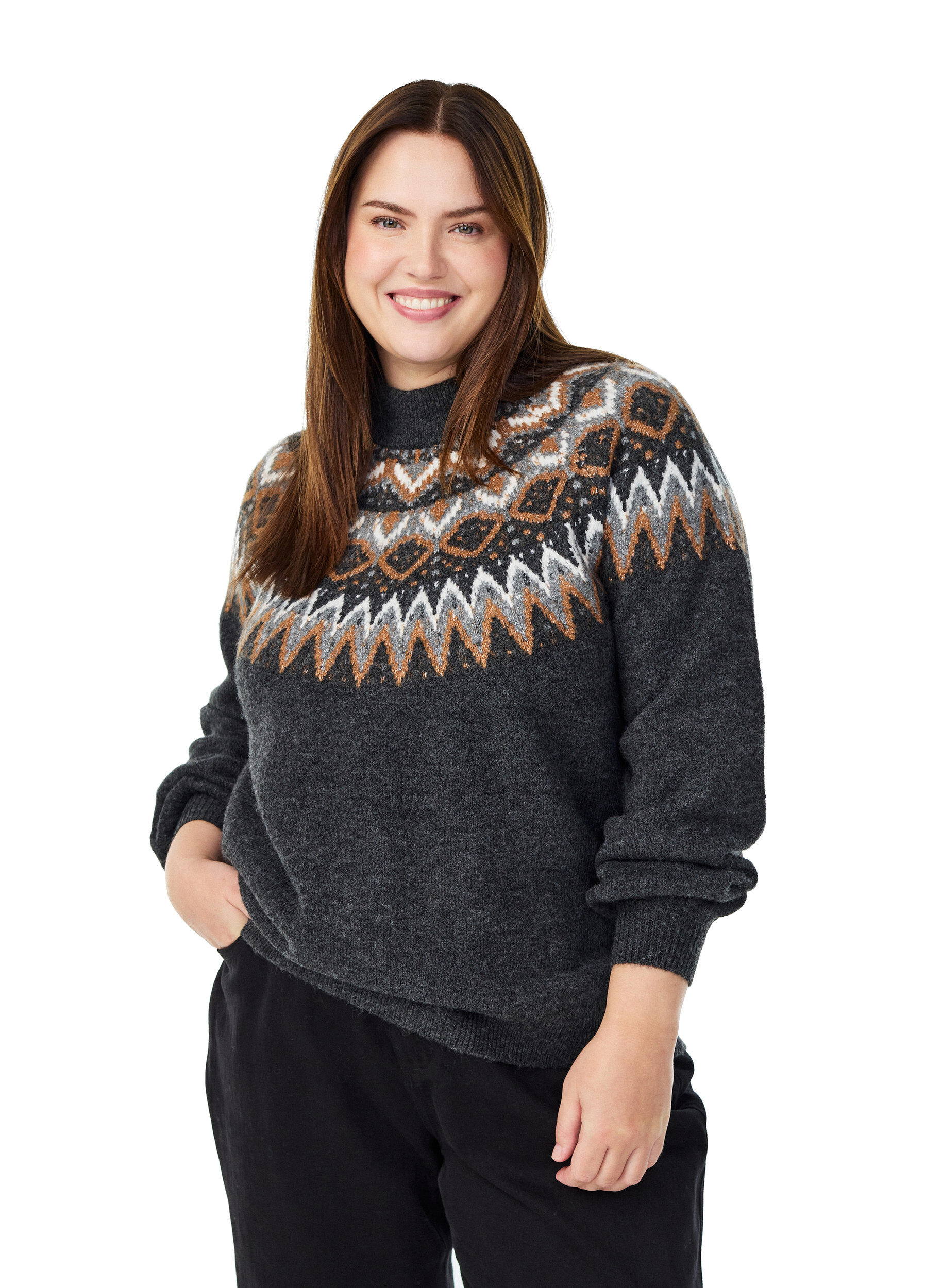 Strickbluse mit Muster und hohem Kragen, Grau, Model