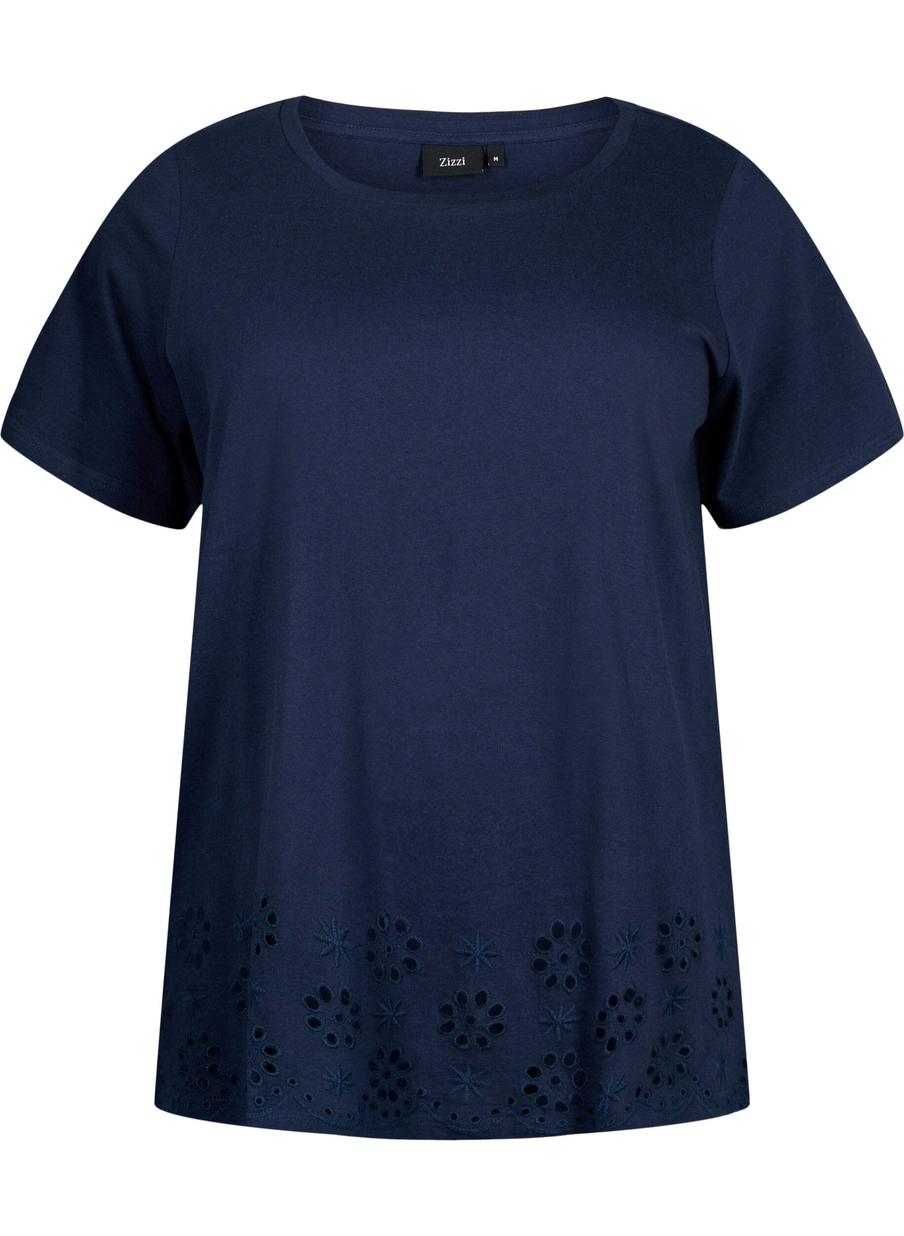 Zizzi T-Shirt aus Baumwolle mit Broderi anglaise, Navy Blazer, Packshot image number 0