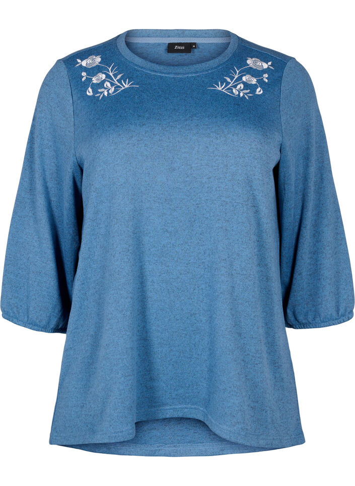 Bluse mit floralen Stickereien und 3/4-Ärmeln, Copen Blue Melange, Packshot image number 0