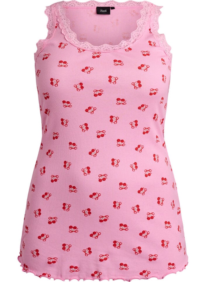 Oberteil mit Aufdruck und Spitzenborte, Pink, Packshot image number 0