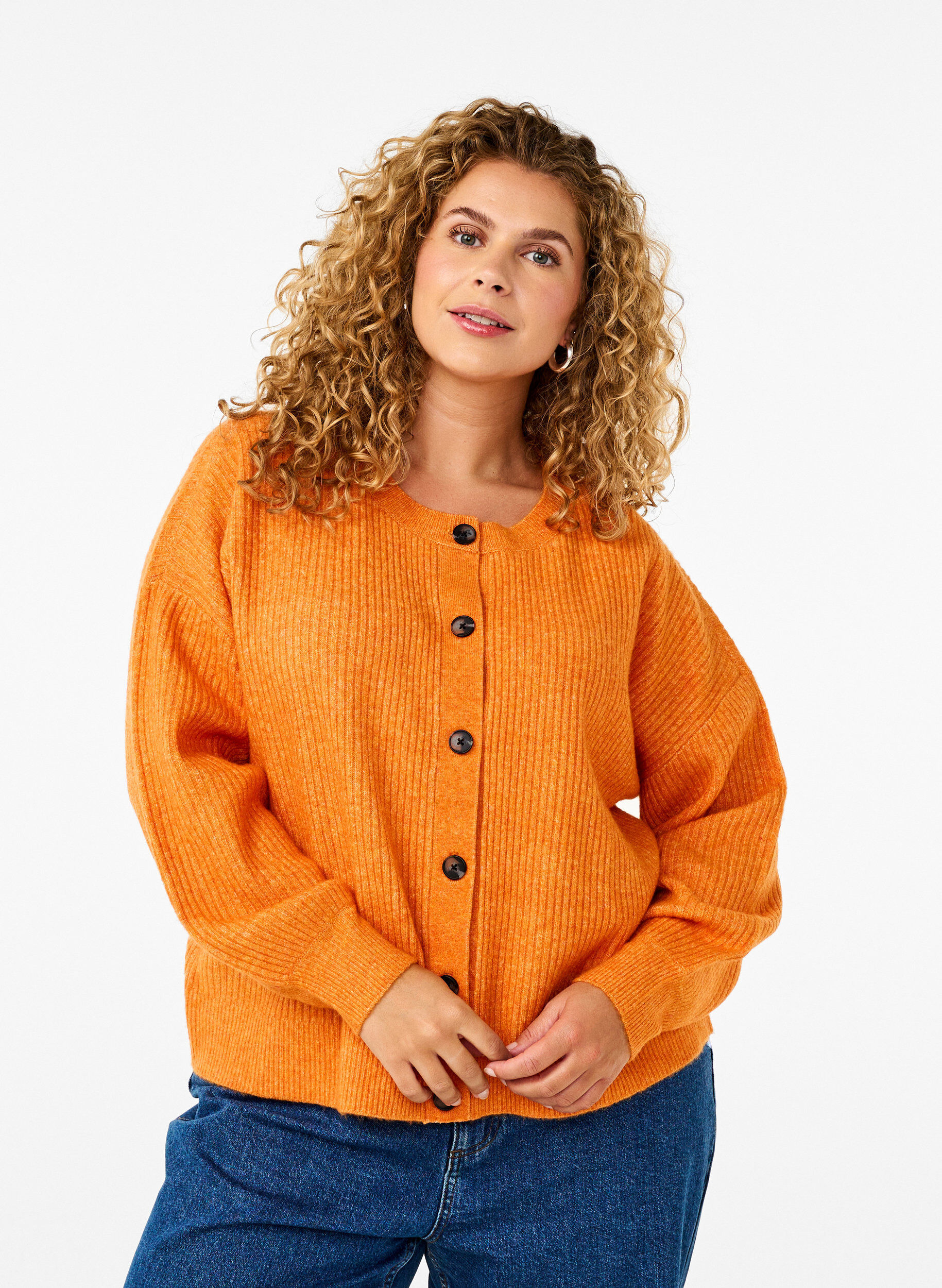 Zizzi Rippenstrick Strickjacke mit Kn&ouml;pfen, Orange, Model image number 0