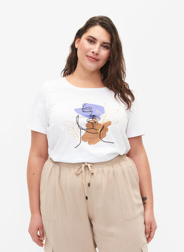 T-Shirt aus Baumwolle mit Rundhalsausschnitt und Print, Bright White FACE, Model image number 0