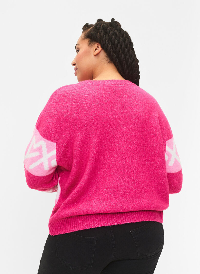 Gestreifter Strickpullover mit grafischem Muster, Raspberry Rose Comb, Model image number 1