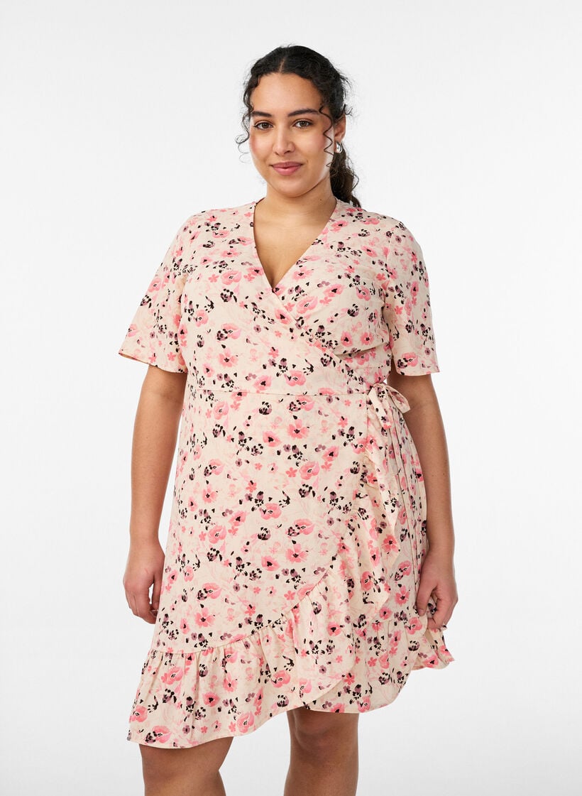 Blumiges Wickelkleid mit kurzen &Auml;rmeln, Rot, Model image number 0