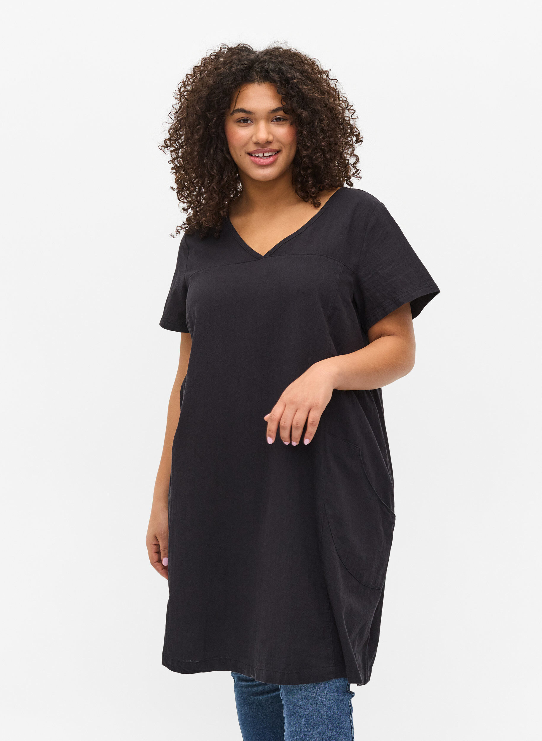 Zizzi Kurzarm Kleid aus Baumwolle, Schwarz, Model image number 0