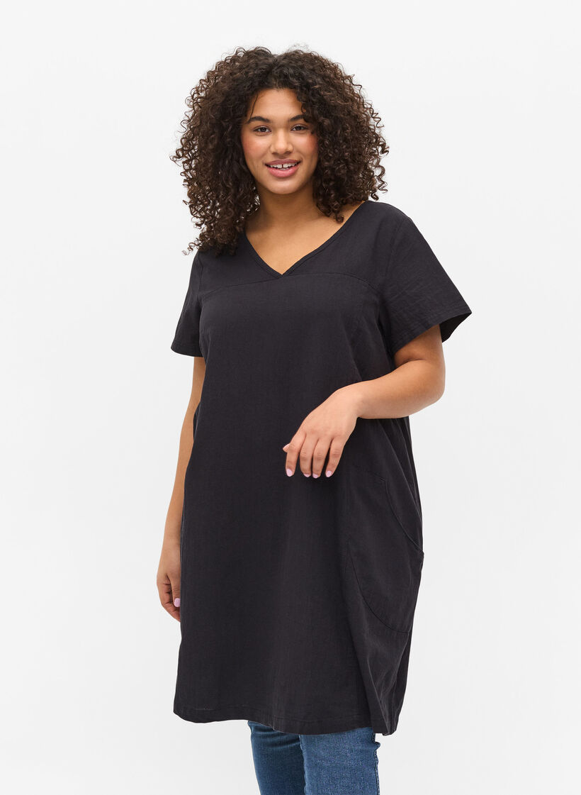 Kurzarm Kleid aus Baumwolle, Schwarz, Model image number 0