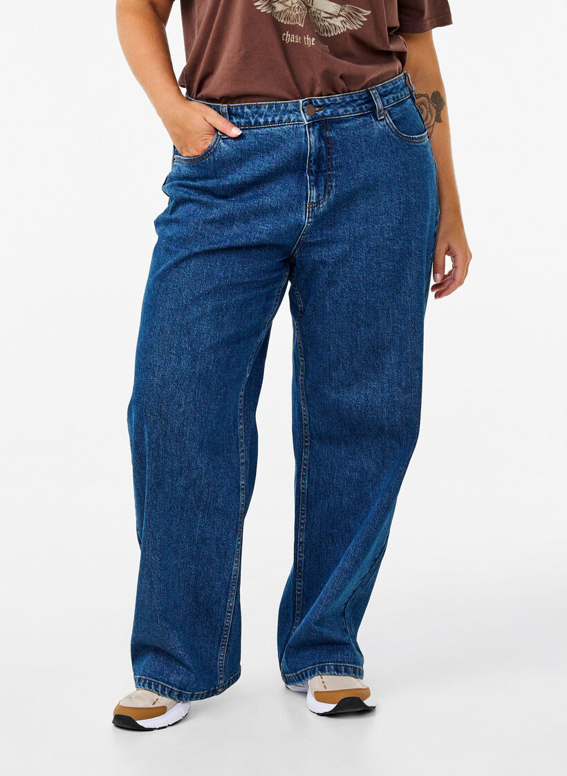Jeans mit weitem Bein und hohem Bund, Blau, Model image number 2