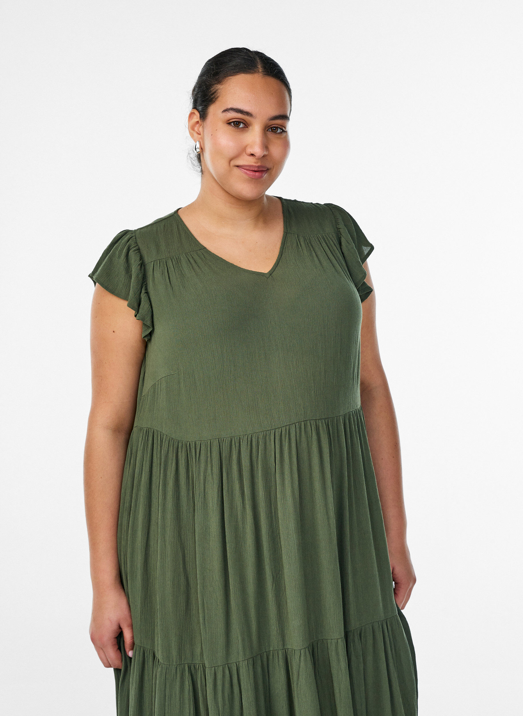 ZizziMidikleid aus Viskose mit R&uuml;schen&auml;rmeln, Gr&uuml;n, Model image number 3