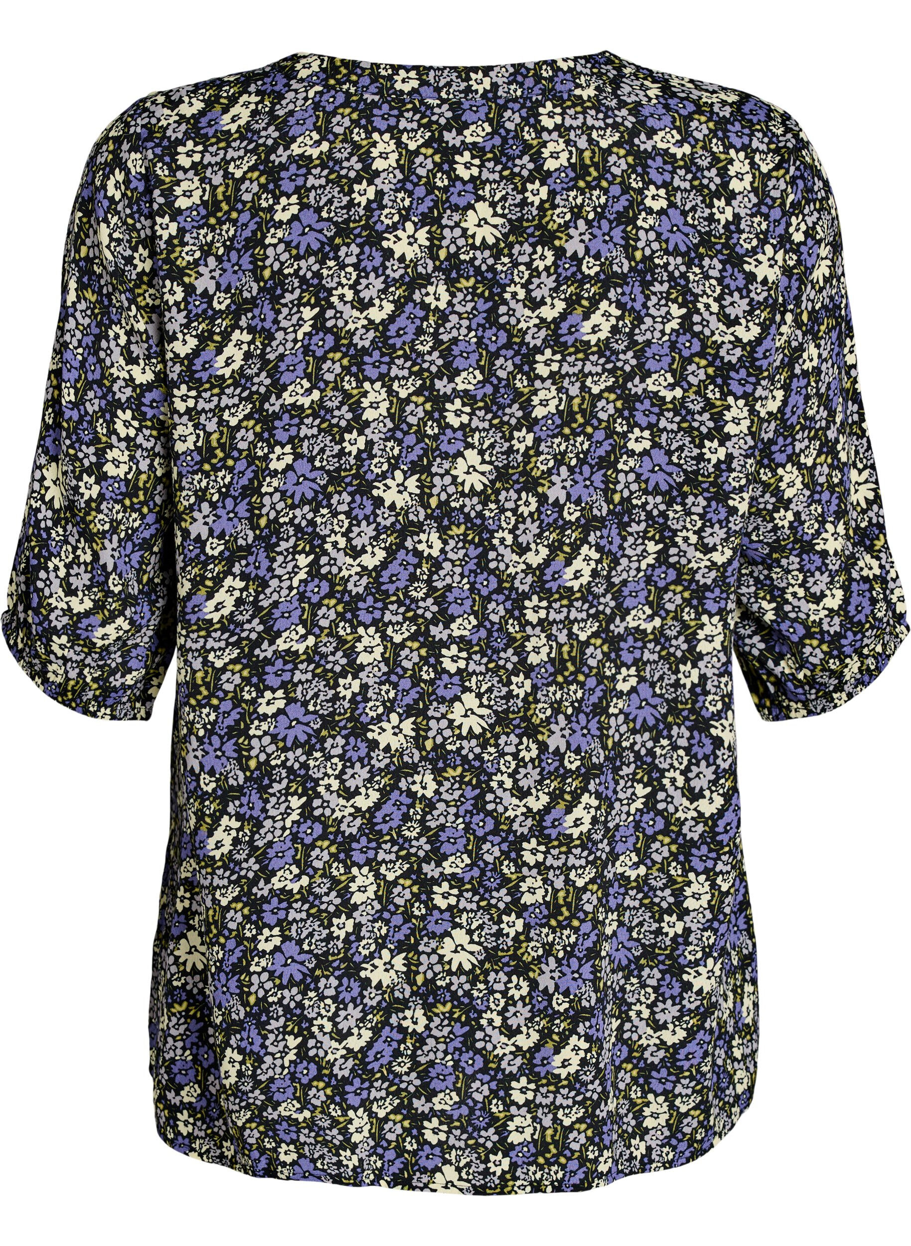 Zizzi Bluse aus Viskose mit Print und Knopfverschluss, Schwarz, Packshot image number 1