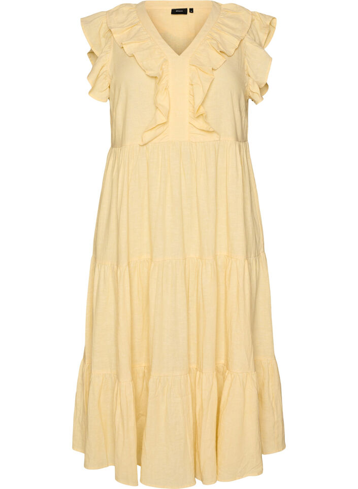 &Auml;rmelloses Midikleid aus Leinen und Viskose mit R&uuml;schen, Gelb, Packshot image number 0