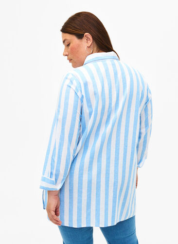 Langes Hemd aus Leinen und Baumwolle, Blue White Stripe, Model image number 1