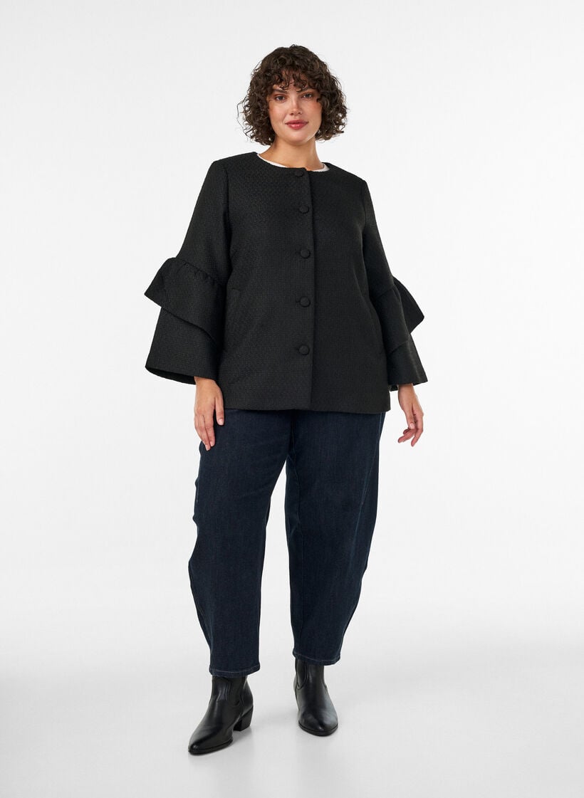 Boucl&eacute;-Jacke mit R&uuml;schendetails, Schwarz, Model image number 1