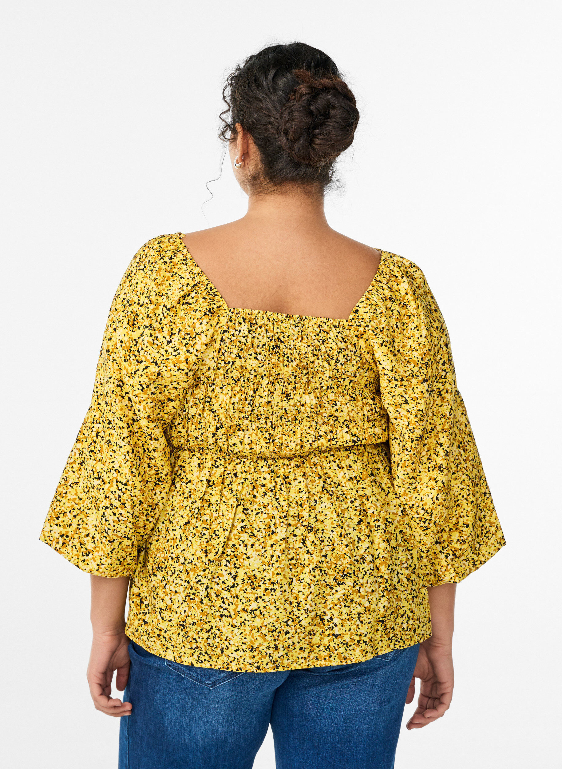 Zizzi Bluse mit Smock und Karree-Ausschnitt, Gelb, Model image number 2