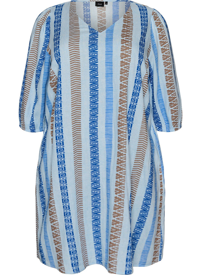 Kurzes Kleid aus Leinen und Viskose mit 3/4-&Auml;rmeln, Blau, Packshot image number 0