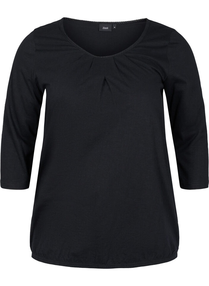 Einfarbige Bluse mit 3/4-Ärmel aus Baumwolle, Black, Packshot image number 0