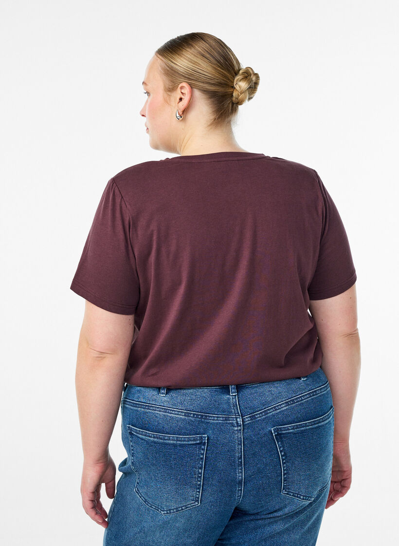 Basic-T-Shirt aus Baumwolle mit Schulterpolstern, Dunkles Bordeaux, Model image number 2