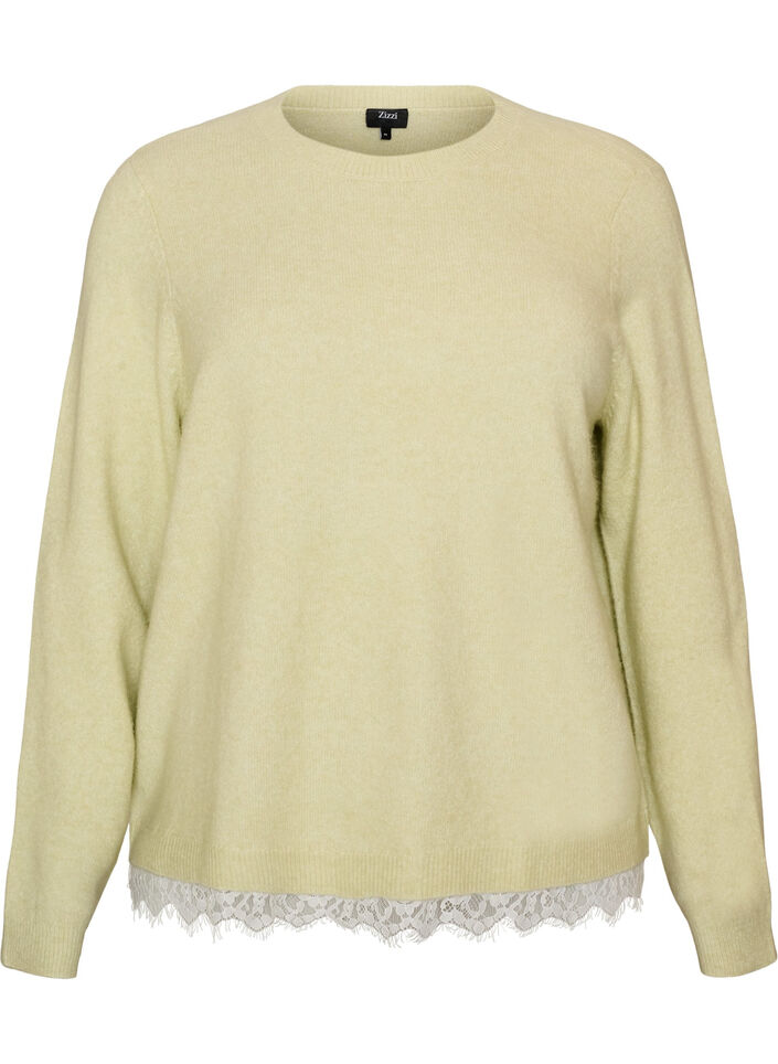Strickbluse mit Spitzenbesatz am Saum, Gr&uuml;n, Packshot image number 0
