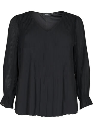 Plissee Bluse mit V-Ausschnitt, Black, Packshot image number 0