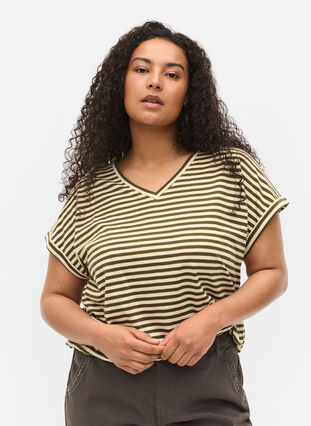 Gestreiftes T-Shirt aus Baumwolle, Ivy Green Y/D, Model image number 0