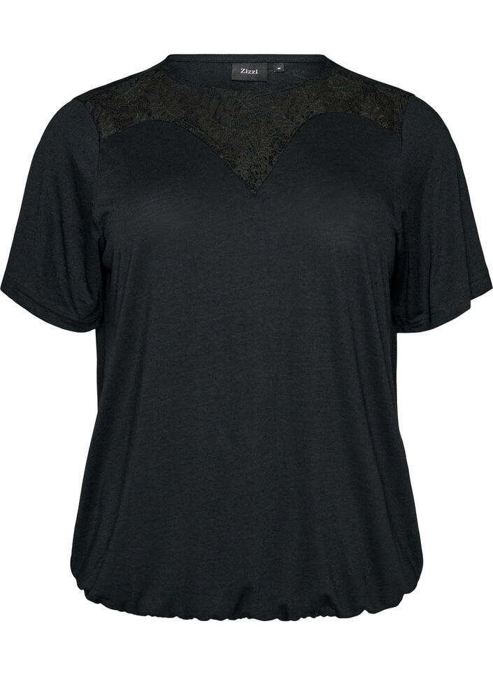 Bluse mit Spitzeneinsatz und Ballon&auml;rmeln, Schwarz, Packshot image number 0