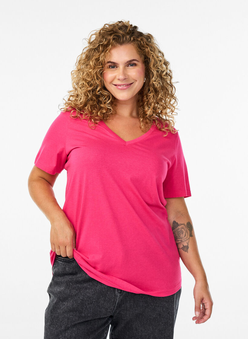 Kurz&auml;rmliges T-Shirt mit V-Ausschnitt, Pink, Model image number 0