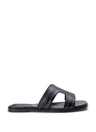 Flache Slip-on-Sandalen mit breiter Passform und Nieten, Black, Packshot image number 0