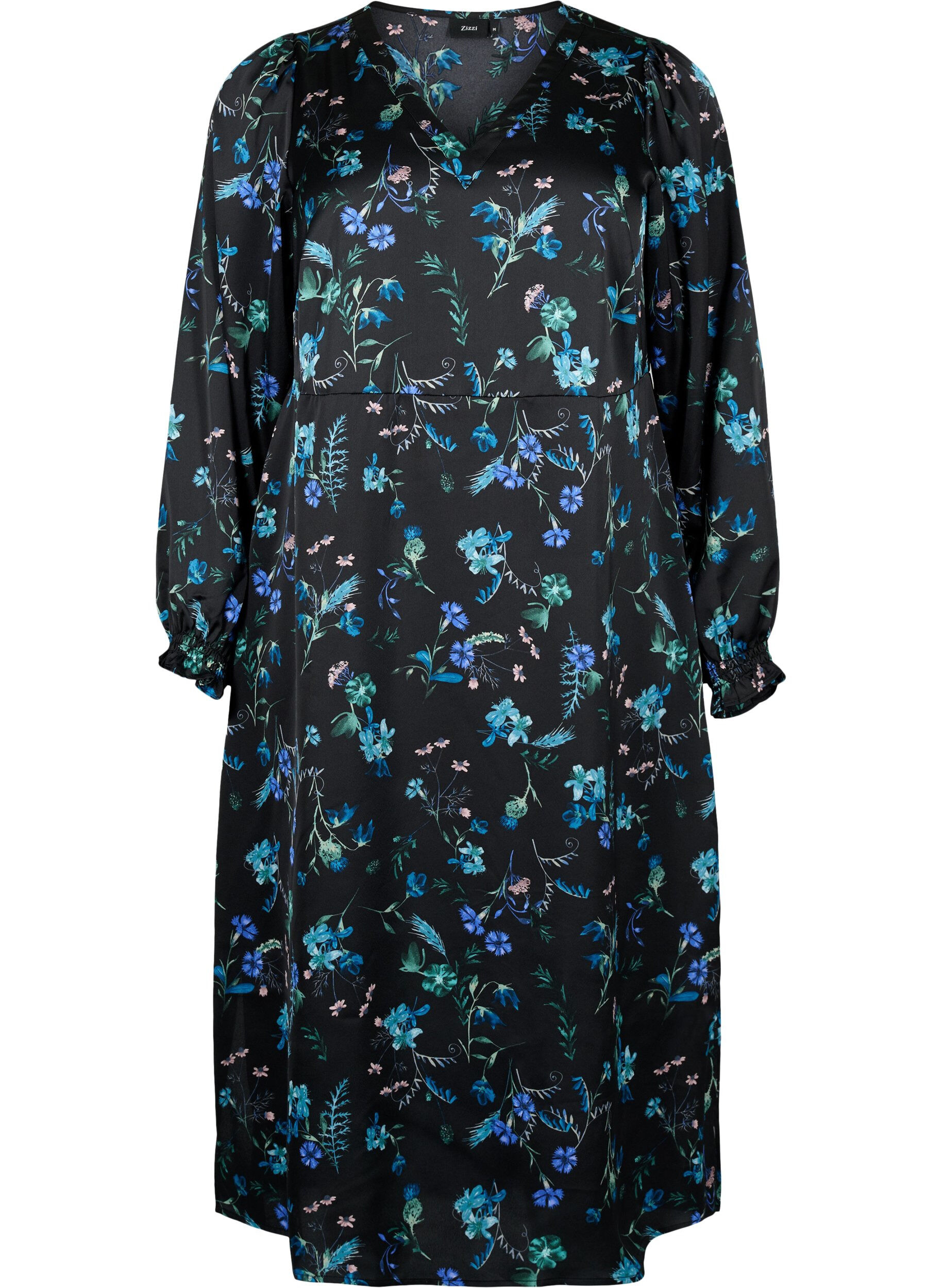 Zizzi Lang&auml;rmliges Midikleid mit Blumenmuster, Blue Flower AOP, Packshot image number 0