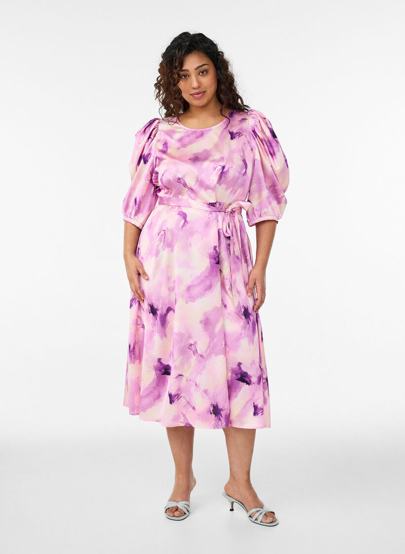 Partykleid mit kurzen &Auml;rmeln und Bindeg&uuml;rtel, Lila, Model image number 0