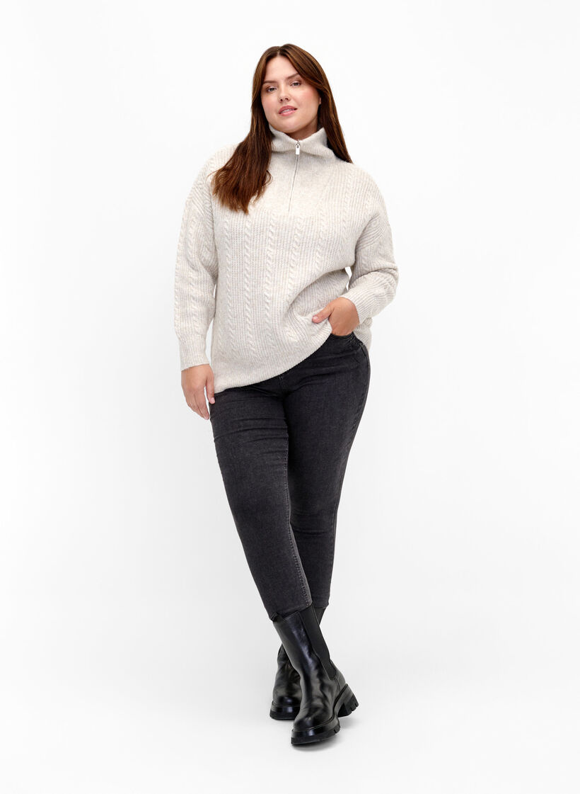 Pullover mit Zopfmuster und Reißverschluss, Pumice Stone Mel., Model image number 2