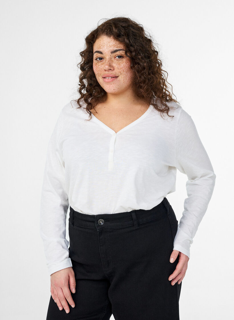 Langarmshirt mit V-Ausschnitt und Kn&ouml;pfen, Wei&szlig;, Model image number 0