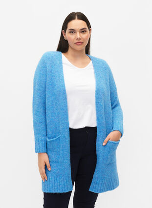 Lange Strickjacke mit Wolle und Taschen, French Blue, Model image number 0