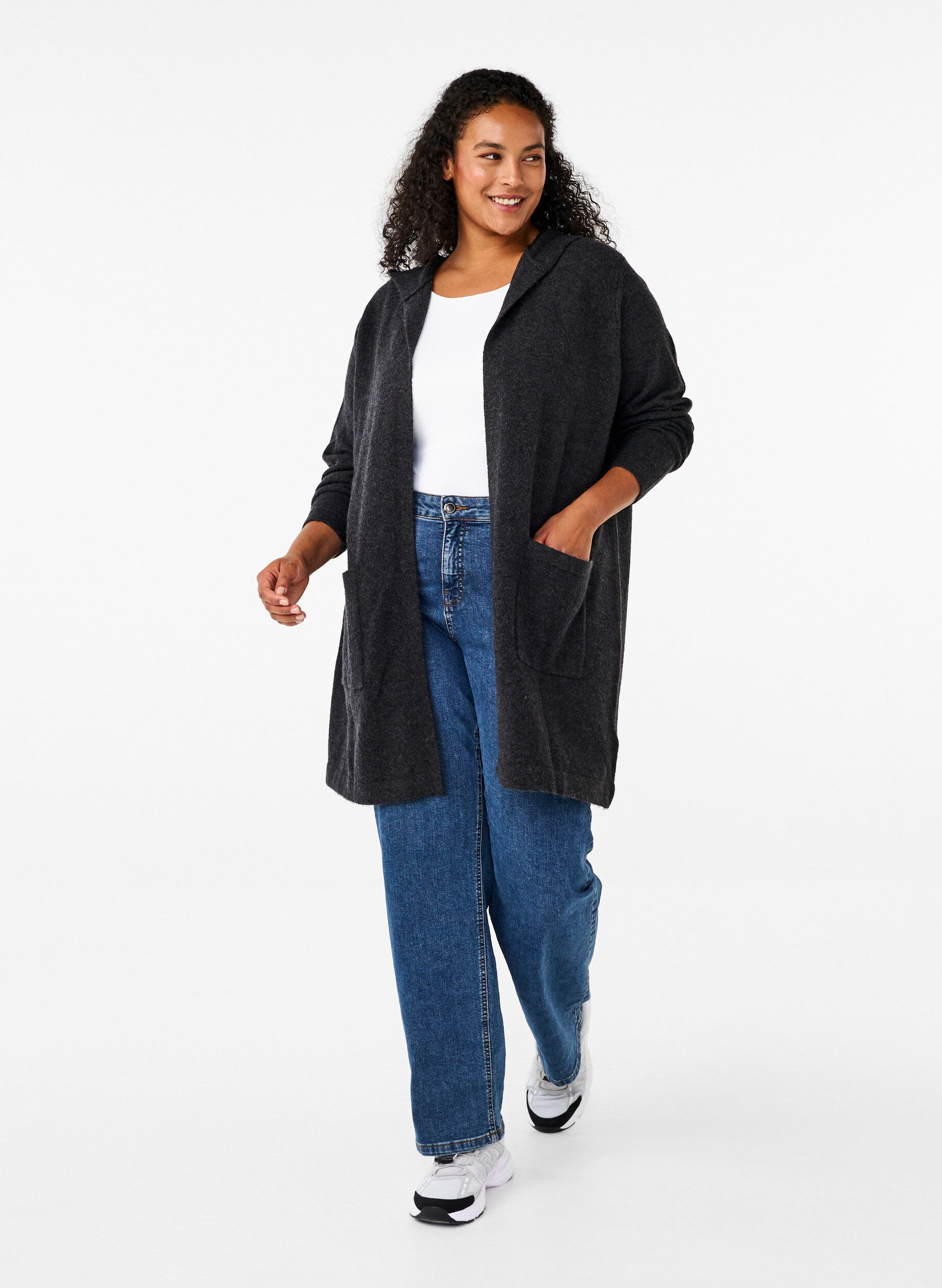 Zizzi Langer Strickcardigan aus Wolle mit Kapuze, Dark Grey Melange, Model image number 2