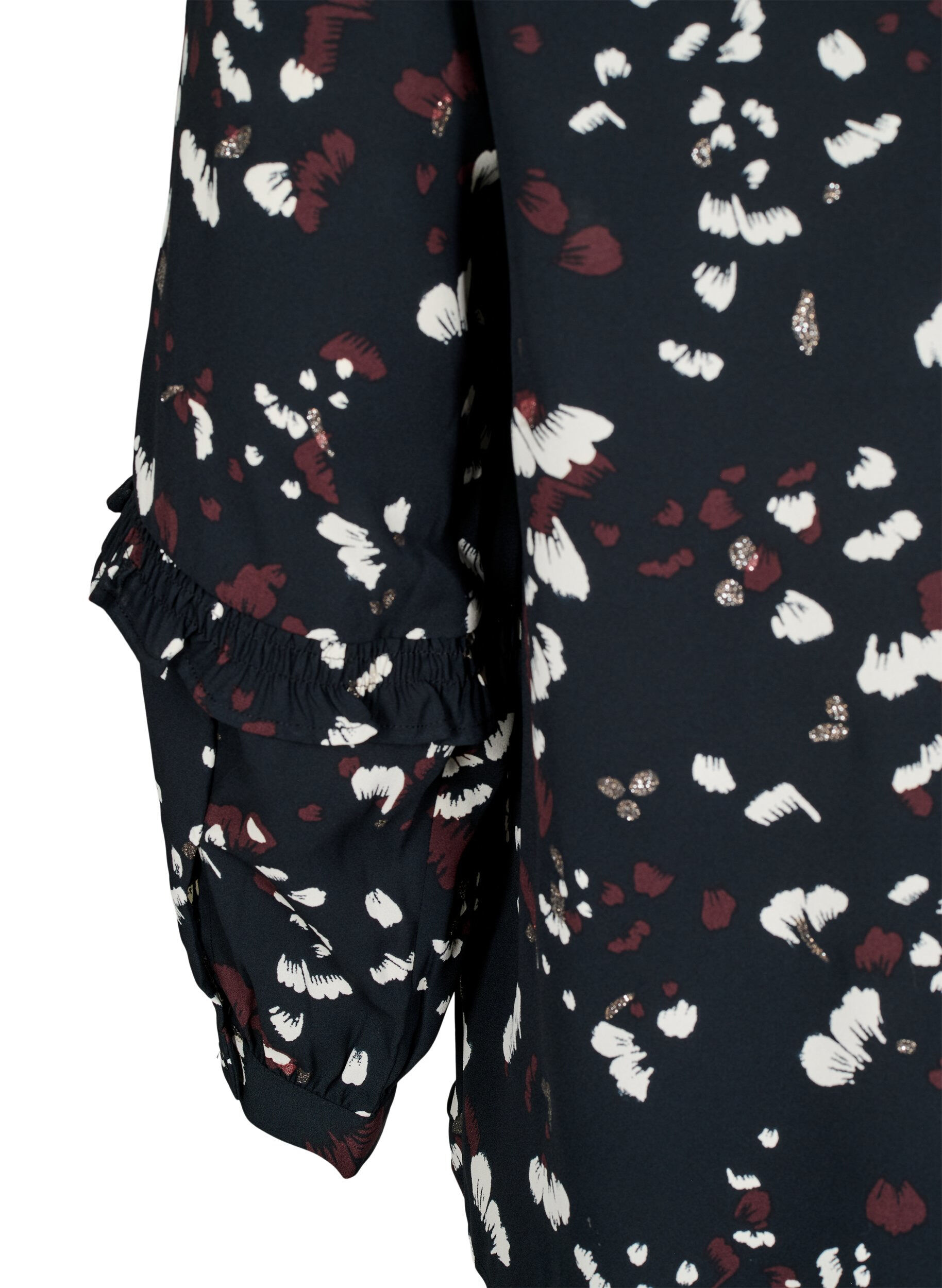 Zizzi Bluse mit Print und R&uuml;schendetails, Schwarz, Packshot image number 3