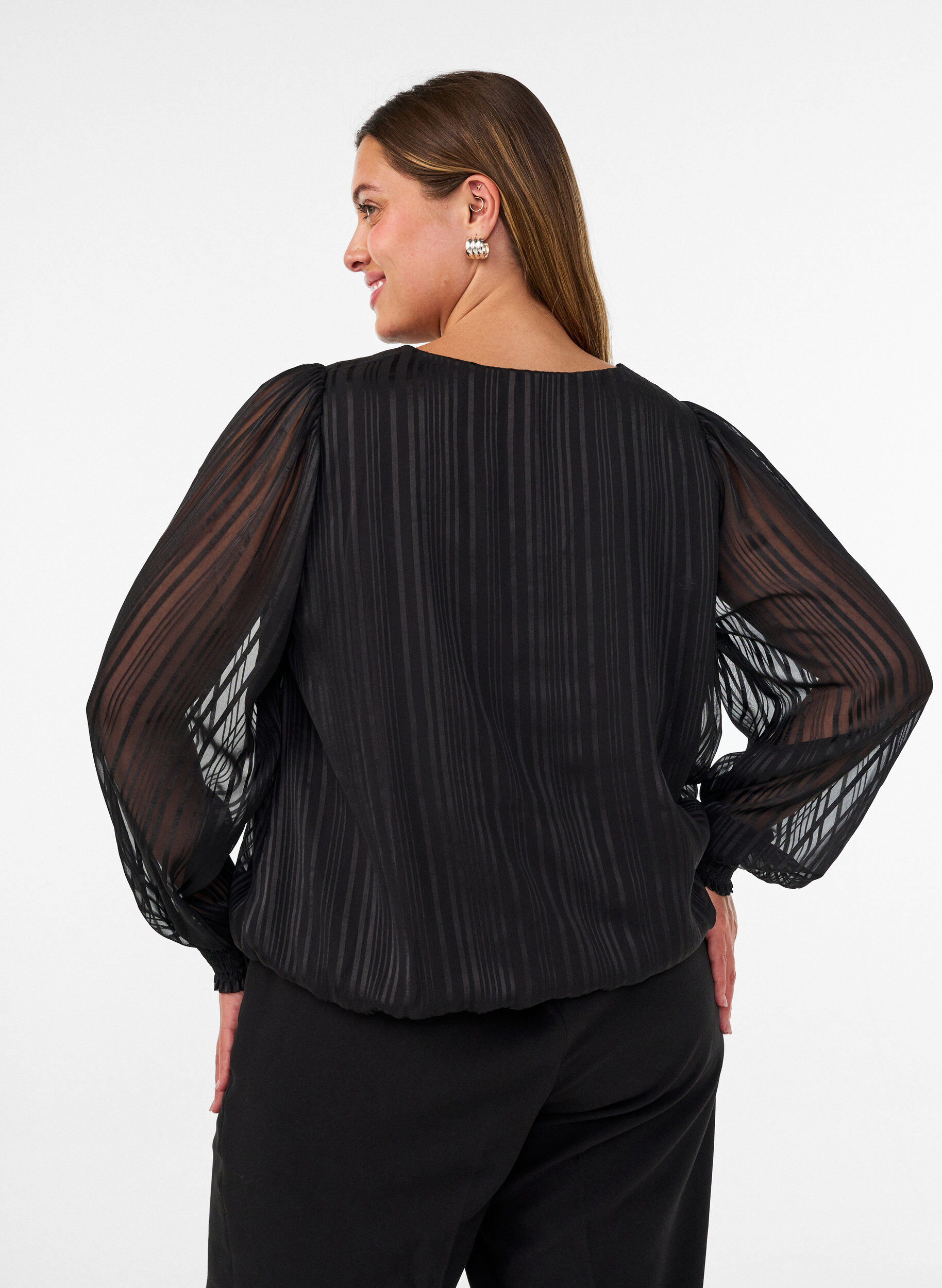 ZizziGestreifte Bluse in Ballonform, Schwarz, Model image number 2