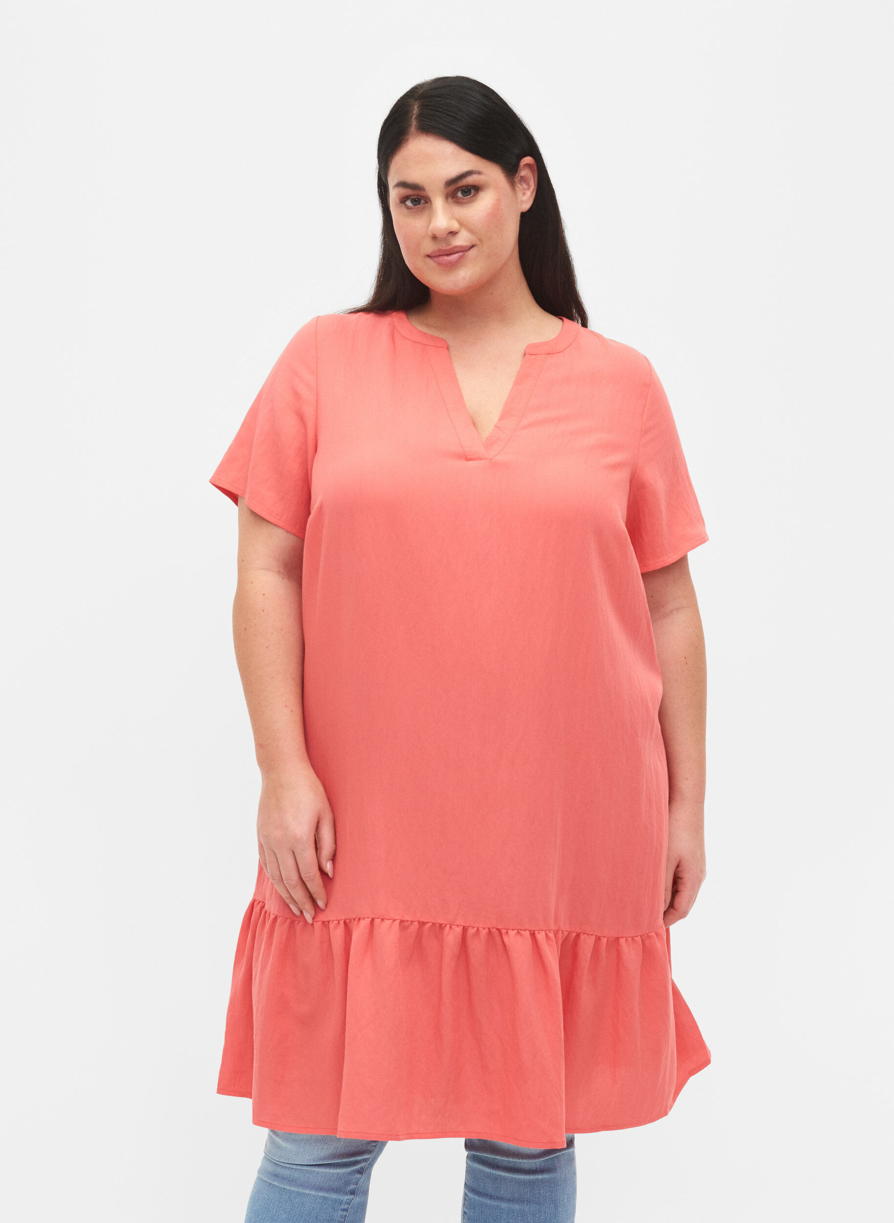 Zizzi Kurz&auml;rmeliges Viskosekleid mit V-Ausschnitt, Orange, Model image number 0